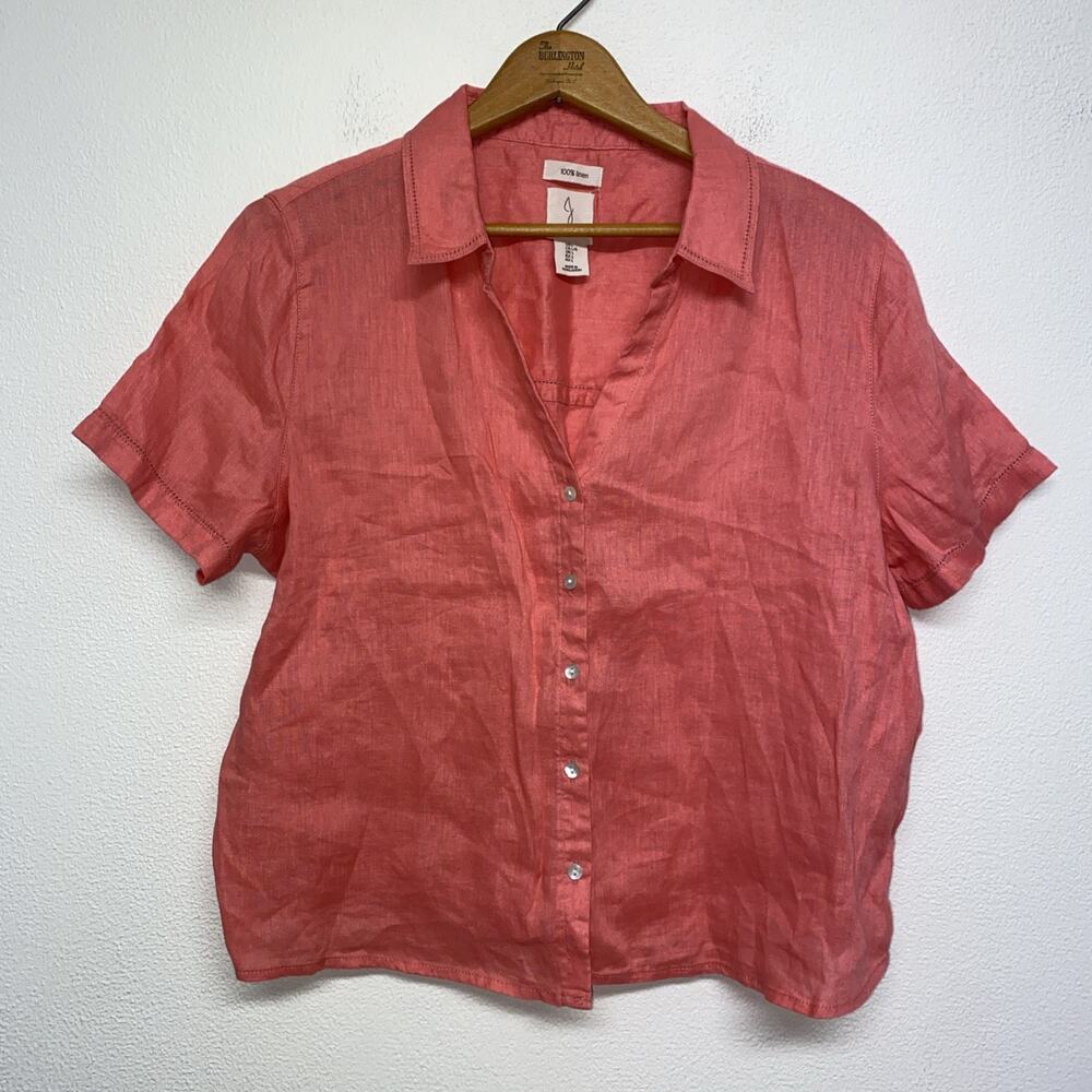 Joie Top Womens Size L Coral Linen Button Up Boxy Boho Beach Tropical Resort